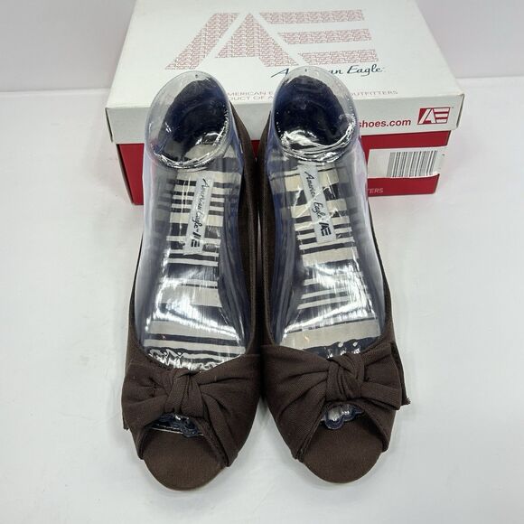 American Eagle Brown Fabric Peep Toe Cork Wedge Heel Shoes 8.5 Bow Classic - Picture 3 of 11